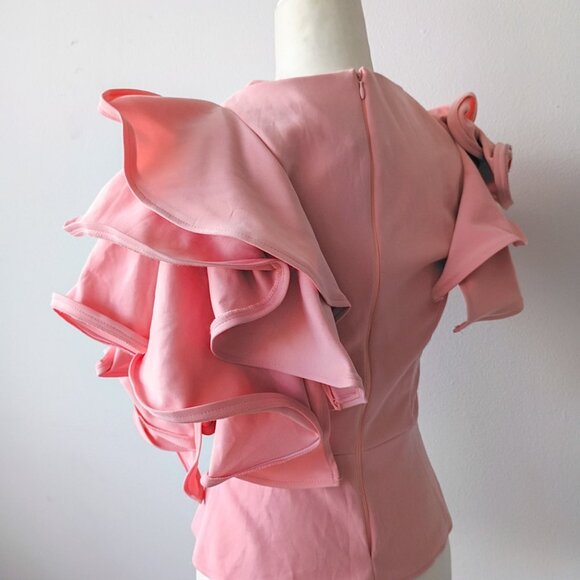 NYLON Ruffle Sleeve Peplum Top – Pink Keyhole Blouse | Size Small - Picture 3 of 9
